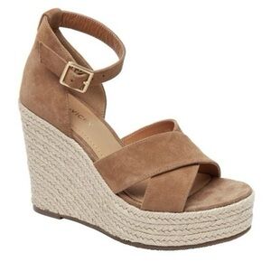 Suede Tan Espadrille Wedge Sandals with Ankle Buckle